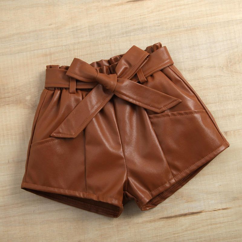 Mother&Kids Girls' halter top solid color open bag leather pants furry set with belt_voghion.com