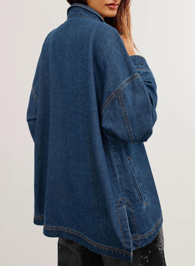 Giacca in denim oversize da donna con bottoni sul davanti e spacchi laterali – Cappotto casual a maniche lunghe in blu, nero, grigio_voghion.com