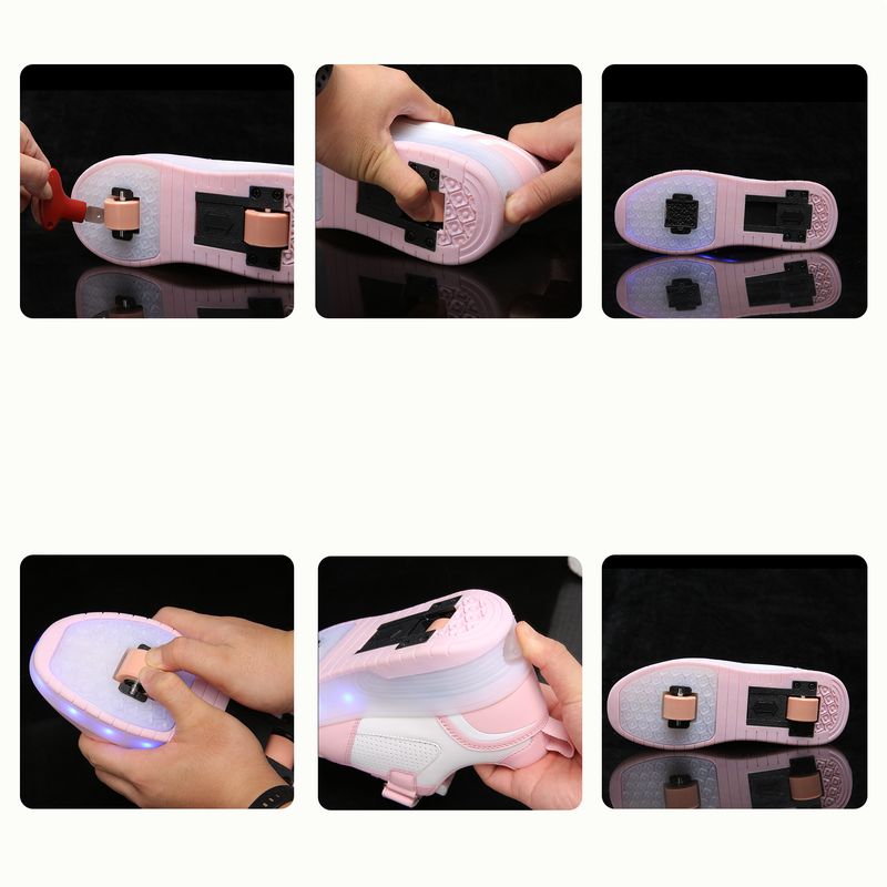 Pantofi sport pentru copii cu două roți, luminoși, strălucitori, cu tocuri, roz, cu role, pentru copii, cu LED-uri, băieți și fete, cu încărcare USB_voghion.com