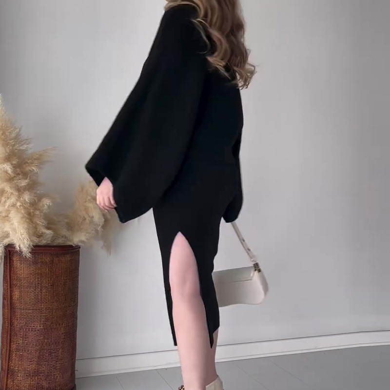Women's fashion solid color pullover warm bat shirt top long skirt suit_voghion.com
