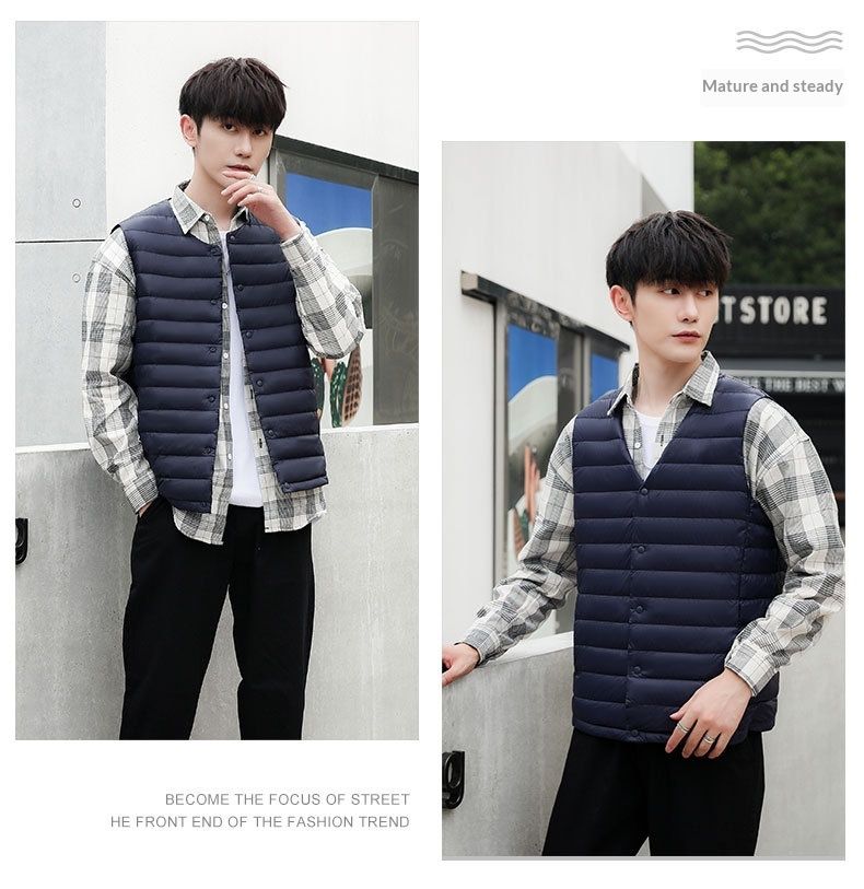Gilet sans manches léger en duvet pour homme Cove Wholesale, gilet d'extérieur, grandes tailles, sans col, col rond, court, ultra-fin_voghion.com