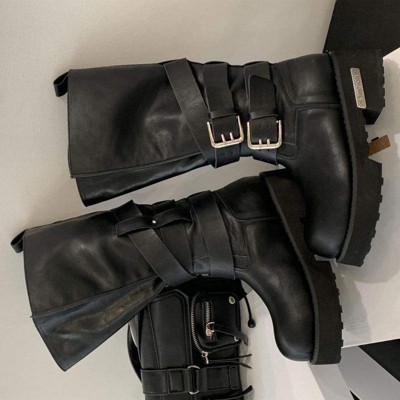 Women Boxing Boots 2025 Autumn Winter New Dark Style Belt Buckle Motorcycle Boxing Thick Sole Mid-Calf Riding Boots For Women_voghion.com