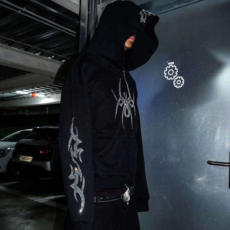 Abbigliamento maschile Autunno e inverno Y2K Spider Hot Diamond Cardigan con cerniera Dark Gothic Street Style Felpa con cappuccio larga_voghion.com