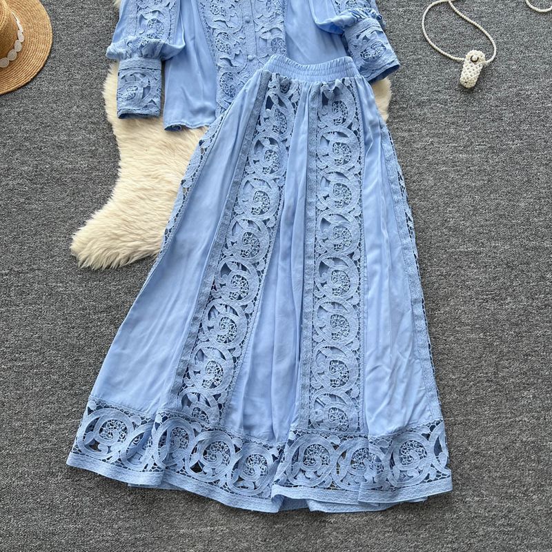 Ensemble chemisier taille haute en dentelle et jupe évasée style court – Tenue élégante deux pièces (beige/vert/blanc/bleu, taille unique)_voghion.com