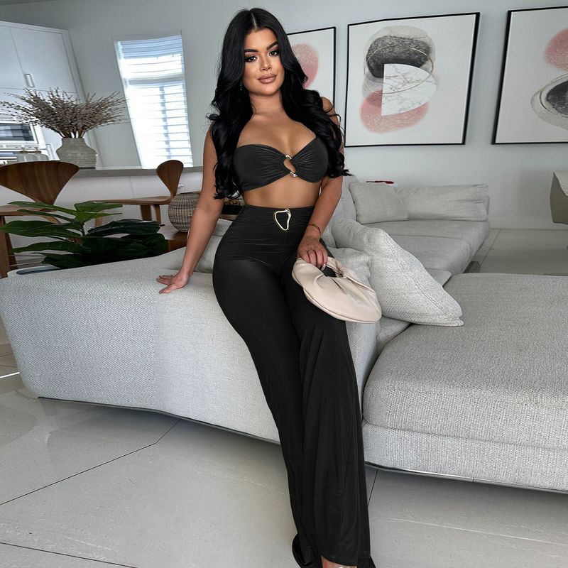 Ensemble deux pièces sexy à col licou et boucle décorative pour femme, vêtements d'été tendance, couleur unie_voghion.com