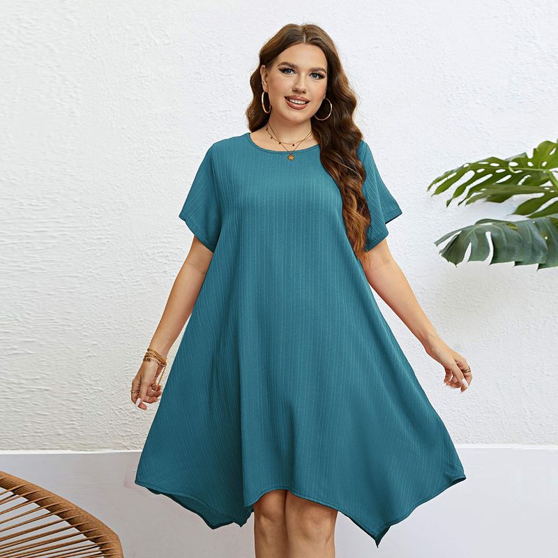 Women's simple solid color pullover round neck dress loose large size irregular medium length skirt_voghion.com