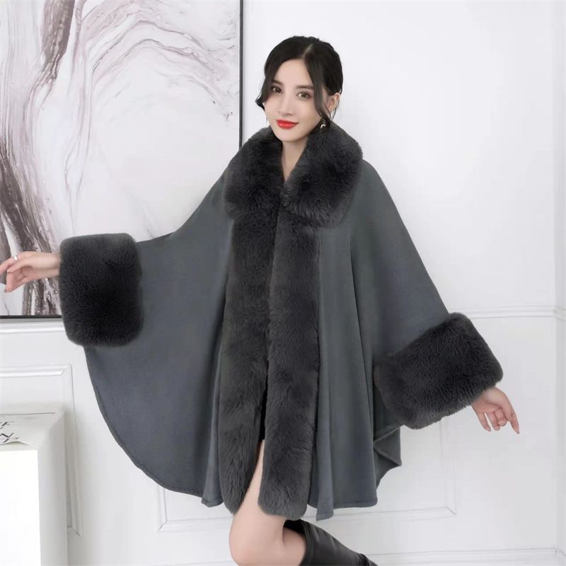 Xales femininos, moda outono e inverno, novos, soltos, tamanho grande, casaco com gola de pele, suéter, uso externo, médio, longo, cor sólida, capa, xale 1188_voghion.com