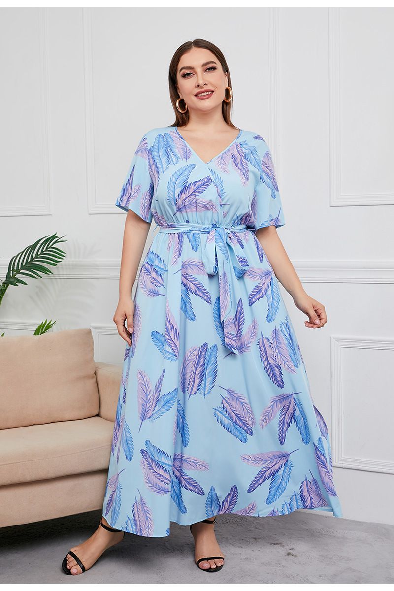 Russisches brasilianisches Verkaufsschlagerkleid in Übergröße mit lockerem V-Ausschnitt für Damen mit elastischer Taille, kurzen Ärmeln und langem bedrucktem Kleid_voghion.com