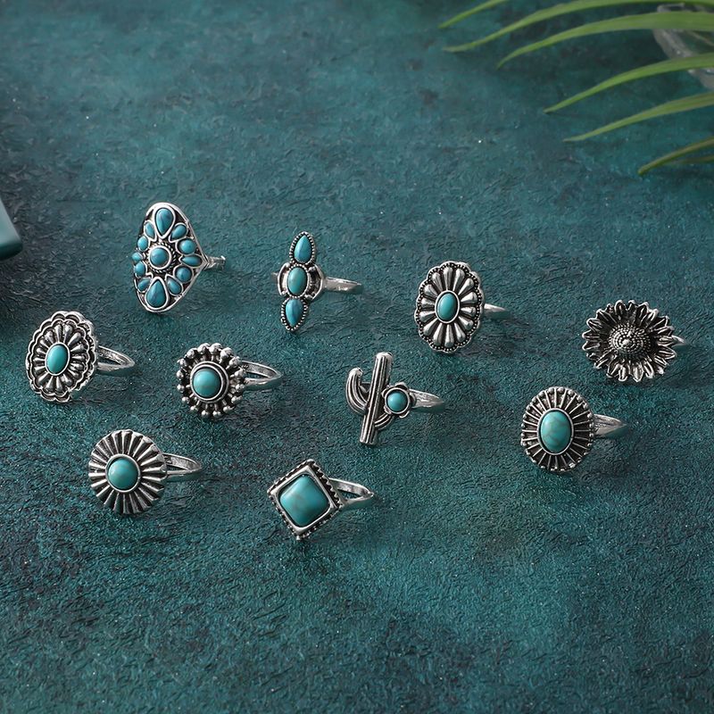 Combination Bohemian Style Alloy Turquoise 10 Piece Ring Set_voghion.com