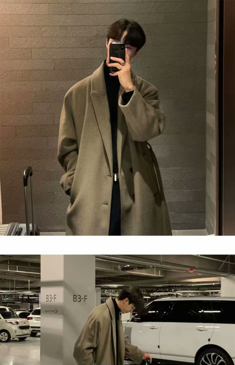 Heren lange trenchcoat – Slim fit wolmix overjas met gekartelde revers (zwart/bruin, M-3XL)_voghion.com