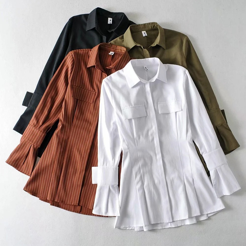 Gonna camicia colorata, cardigan incrociato a quadri autunnali, camicia bianca monopetto a maniche lunghe con risvolto in cotone temperamento da pendolarismo_voghion.com