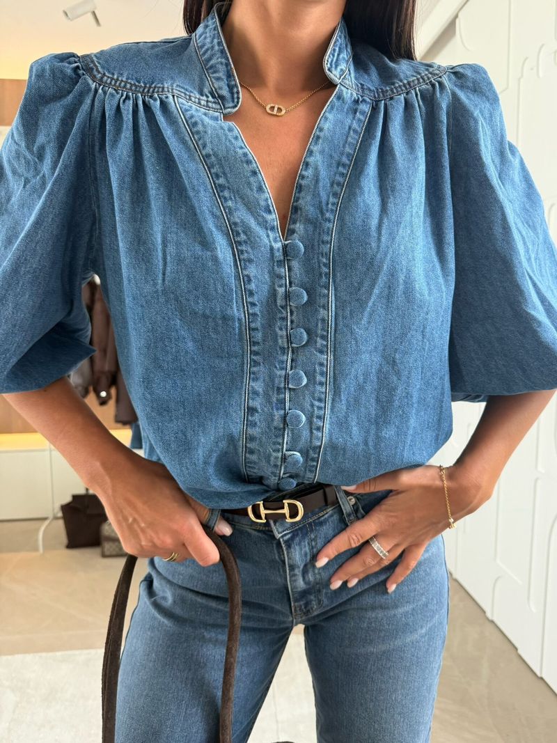 Camicia in denim vintage da donna – Blusa oversize con scollo a V e maniche a sbuffo (azzurro chiaro e blu scuro, S-XL)_voghion.com