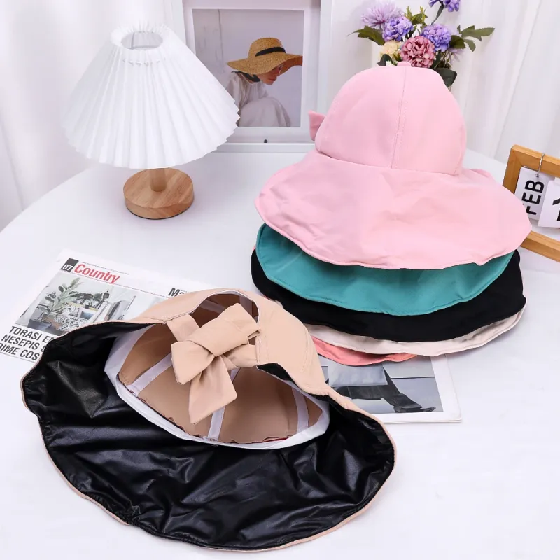 Cappello estivo da donna alla moda per il sole, tesa larga, protezione UV per il collo, cappelli da spiaggia, fiocco, cappelli da pescatore, pieghevoli, coda di cavallo, viaggio, Panama_voghion.com