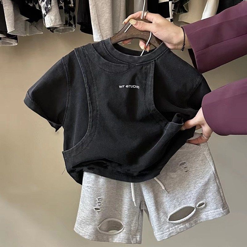 Kinderkleding Jongens zomerkleding kinderen baby onregelmatige straat top knappe kleine jongen korte mouwen T-shirt puur katoen halve mouw_voghion.com