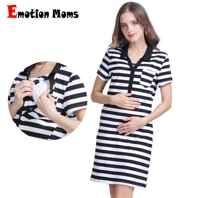 Vestido de amamentação com gola alta, casual, verão, listrado, algodão puro, saia curta para mulheres grávidas ()_voghion.com