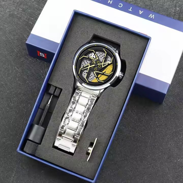 Steel Band Personality Cool Men's Quartz Watch Trend Fashion Rotating Car Outline Watch Box_voghion.com