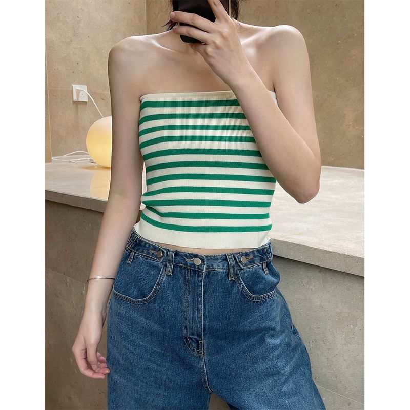 Sommer Neue Koreanische Stil Einfache Gestreifte Gestrickte Trägerlose Weste Slim Fit Basis Schicht Tube Top Für Frauen_voghion.com