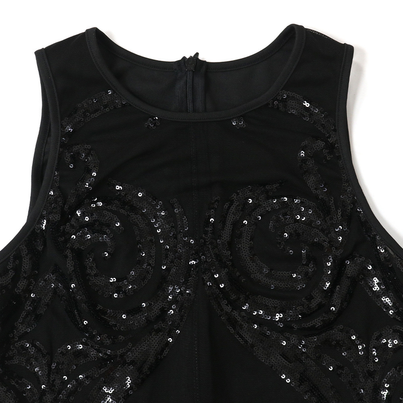Sexy sleeveless round neck see-through jumpsuit, polyester mesh spliced sequin style, slim trousers_voghion.com