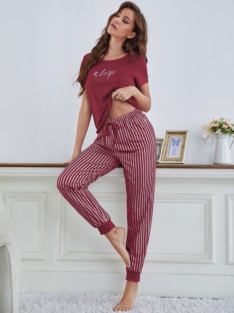 Vêtements de nuit pour femmes vêtements de maison en soie de lait à manches courtes leggings à rayures blanches pantalons lettre imprimée T-shirt pull pyjama pour femmes_voghion.com
