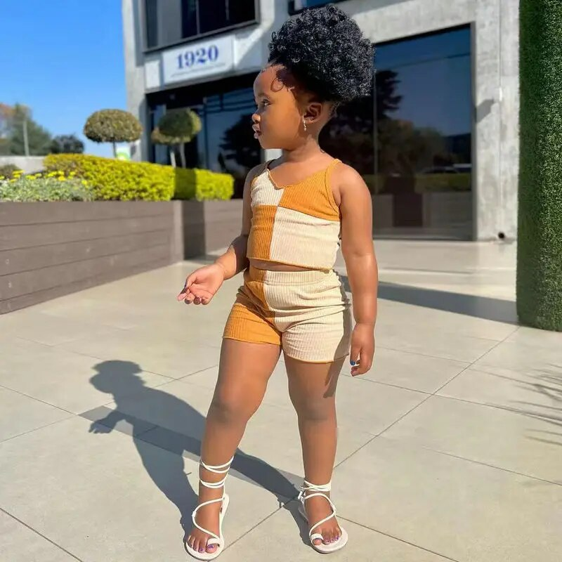Ensemble de vêtements d'été pour bébés filles de 1 à 8 ans, haut court sans manches + short en Patchwork, pantalons pour enfants, tenues décontractées_voghion.com