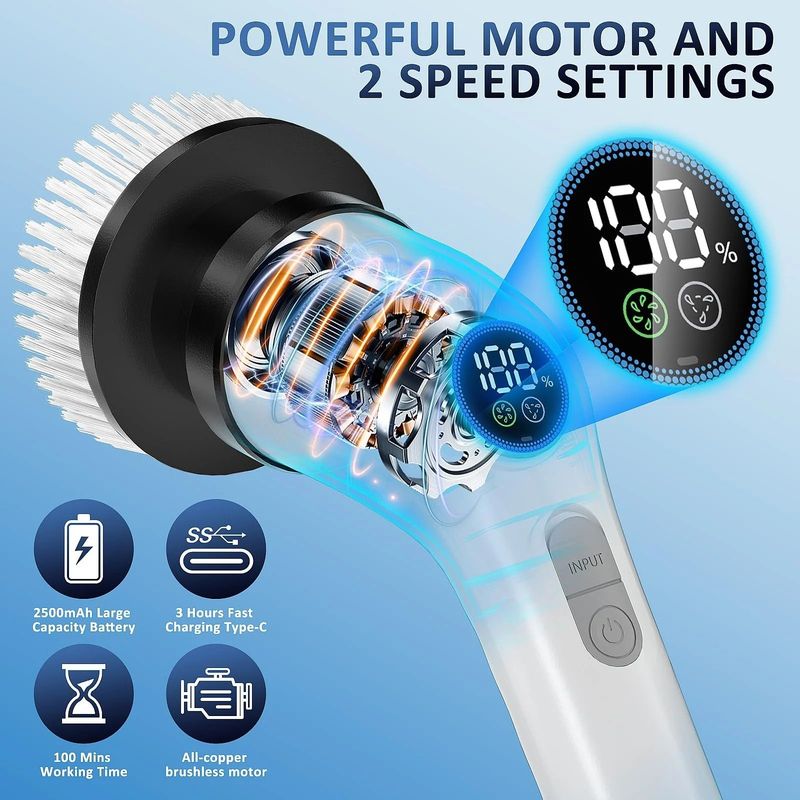 Electric Spin Scrubber,Cordless Cleaning Brush, Extendable Handle, 7 Replaceable Heads,White_voghion.com
