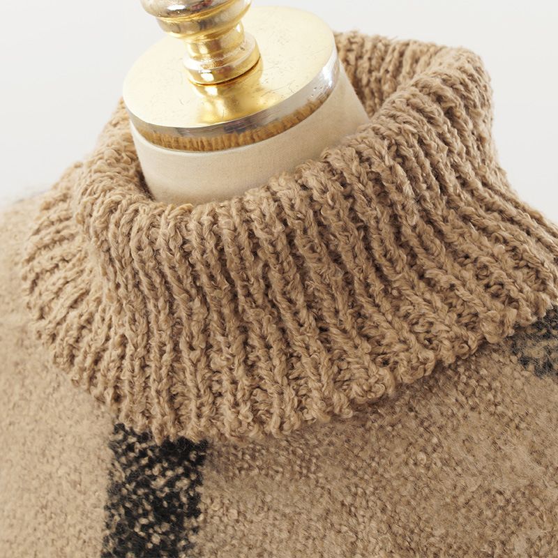 Hoge hals geruite nieuwe omslagdoek herfst en winter unisex lus garen verdikte trui gebreide cape_voghion.com