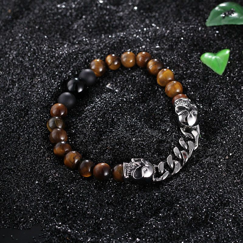 Men's Gothic Titanium Steel Skull Bead Bracelet With Volcanic Stone And Tiger Eye - Stylish And Durable Jewelry For Men_voghion.com