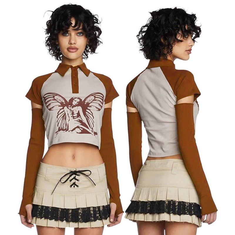 Q23TP274 Top de verano para mujer, personalizado, con cuello polo y hombros descubiertos, con estampado en contraste_voghion.com