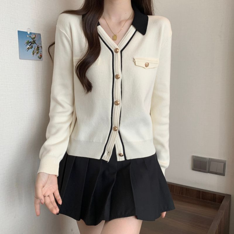 Xiaoxiangfeng Tricoté À Manches Longues Cardigan Pull Femme Intérieur Bas Manteau Tempérament Col V 2024 Automne/Hiver_voghion.com