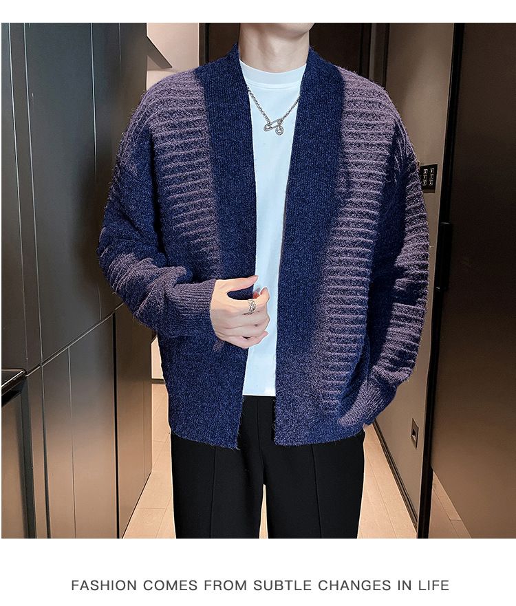 Herrenbekleidung Leichter Strickpullover im reifen Stil Große Strickjacke Strickjacke mit V-Ausschnitt – Britisch inspirierter Pullover mit offener Vorderseite für Herbst und Winter_voghion.com