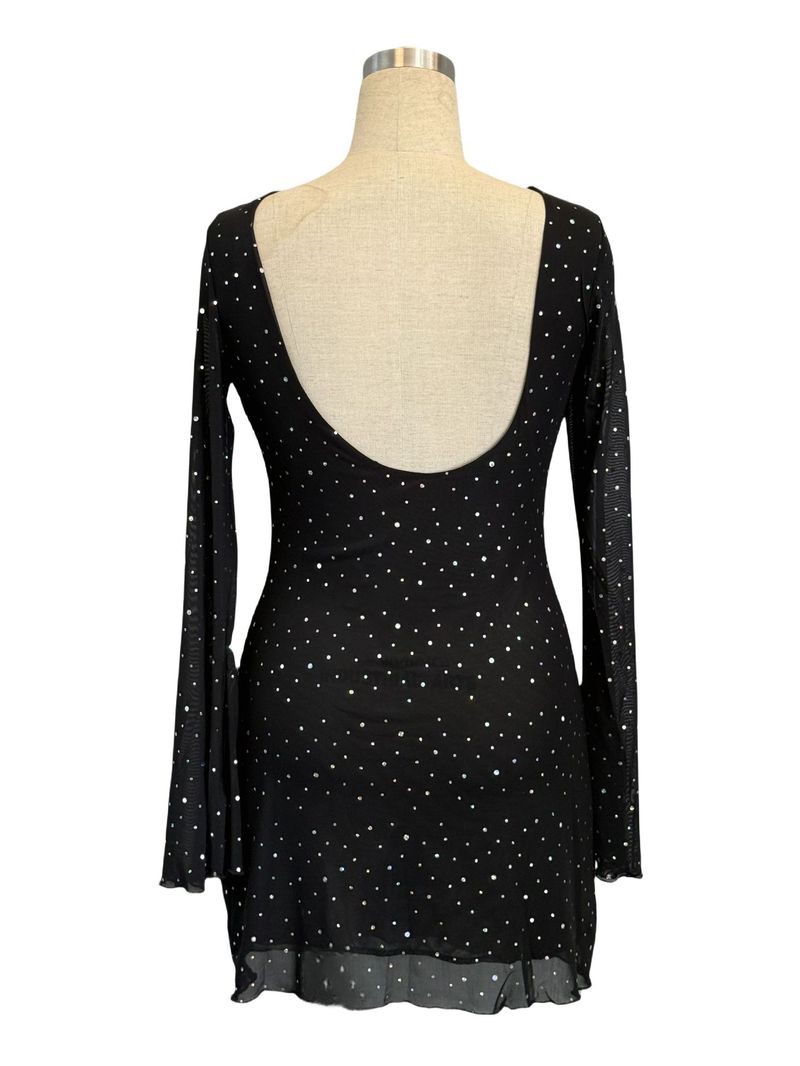 Neues elegantes schwarzes Pailletten-Kleid für Damen aus Mesh mit schmaler Passform und langen Ärmeln (Modelljahr 2025)_voghion.com