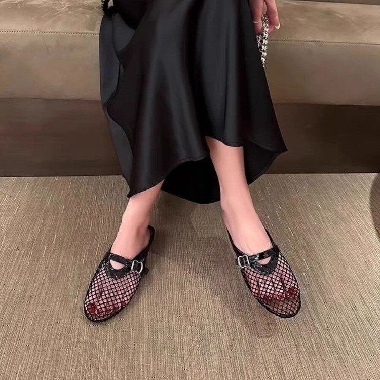 Plus Size Fishnet Hollow Mesh Sandals For Women 24 New Flat Mary Jane Closed Toe Slippers_voghion.com
