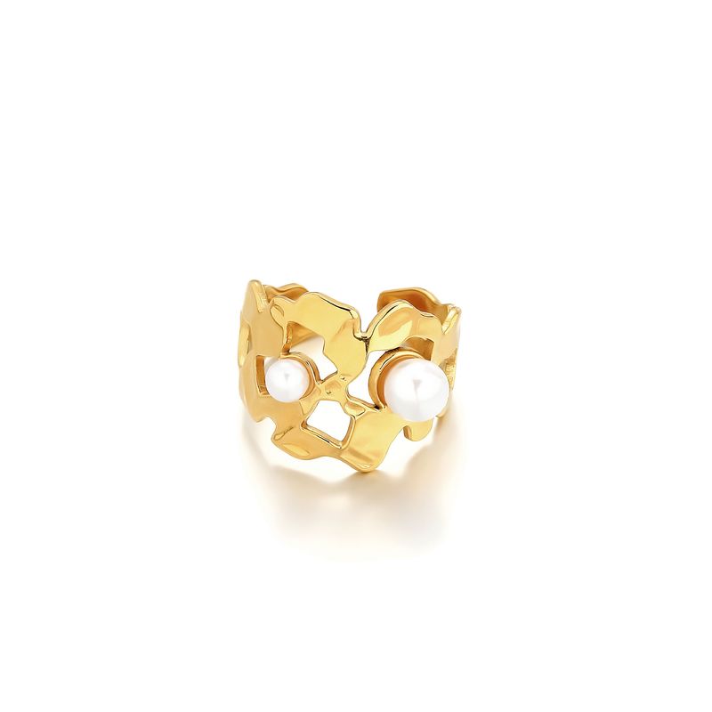 New Personalized Stainless Steel Ring Vacuum Electroplated Gold Pearl Irregular Open Hand Jewelry_voghion.com