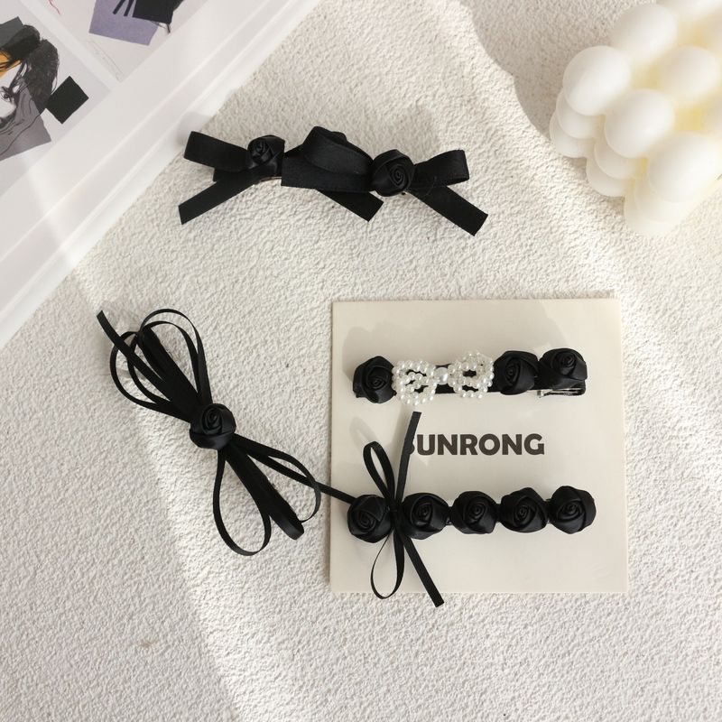 Fermagli per capelli a forma di becco d'anatra con piccole rose fatti a mano, stile pigro, fermagli per capelli con bordo nero, accessori per capelli semplici a linea singola per donne_voghion.com