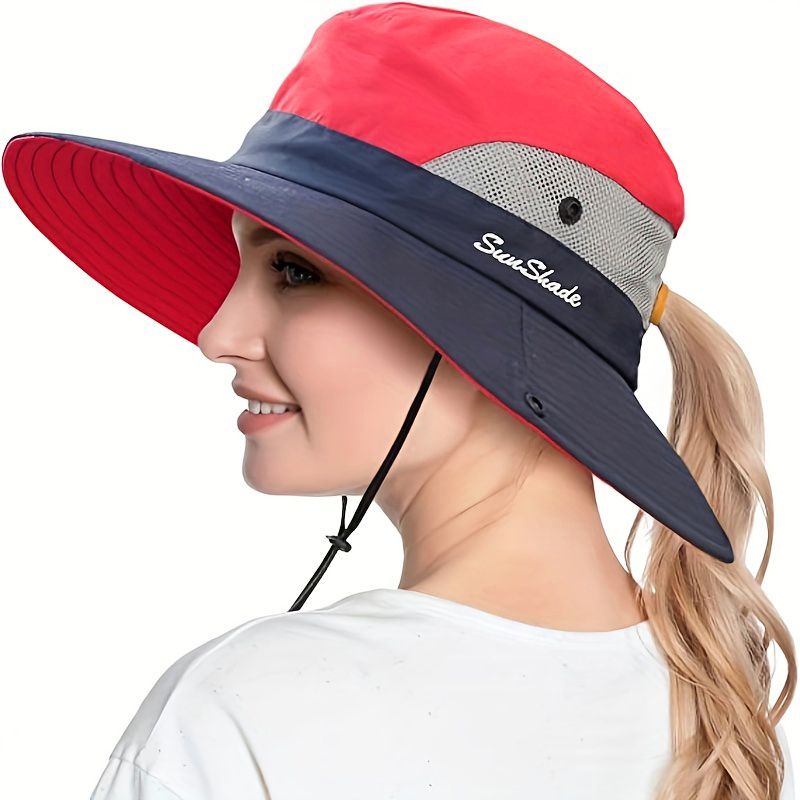 Vendita calda Donna Tesa Larga Cappelli da Pescatore Cappello da Esterno con Visiera a Coda di Cavallo Cappello da Viaggio Estivo Pesca Arrampicata Escursionismo Protezione UV Sole_voghion.com