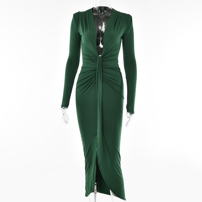 Europäische und amerikanische Ins Simple Sexy Unregelmäßiger langer Rock für Frauen Sommer Langarm-Taillenfaltenkleid_voghion.com