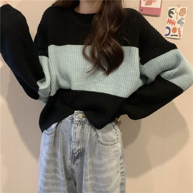 Pull à manches longues style paresseux, ample et amincissant, polyvalent, haut court en tricot à blocs de couleurs, tenue printemps-automne_voghion.com
