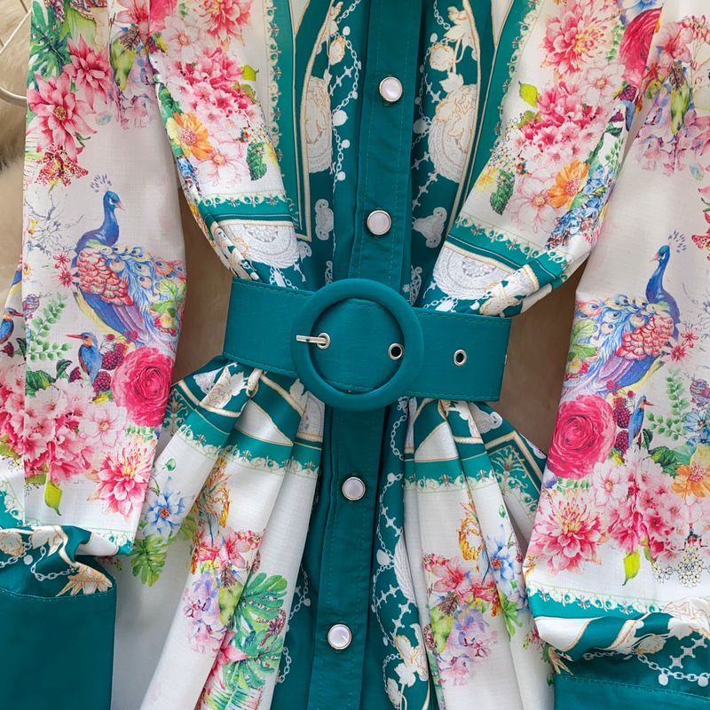 Abito camicia a trapezio con stampa a vita sottile monopetto e risvolto retrò da donna_voghion.com