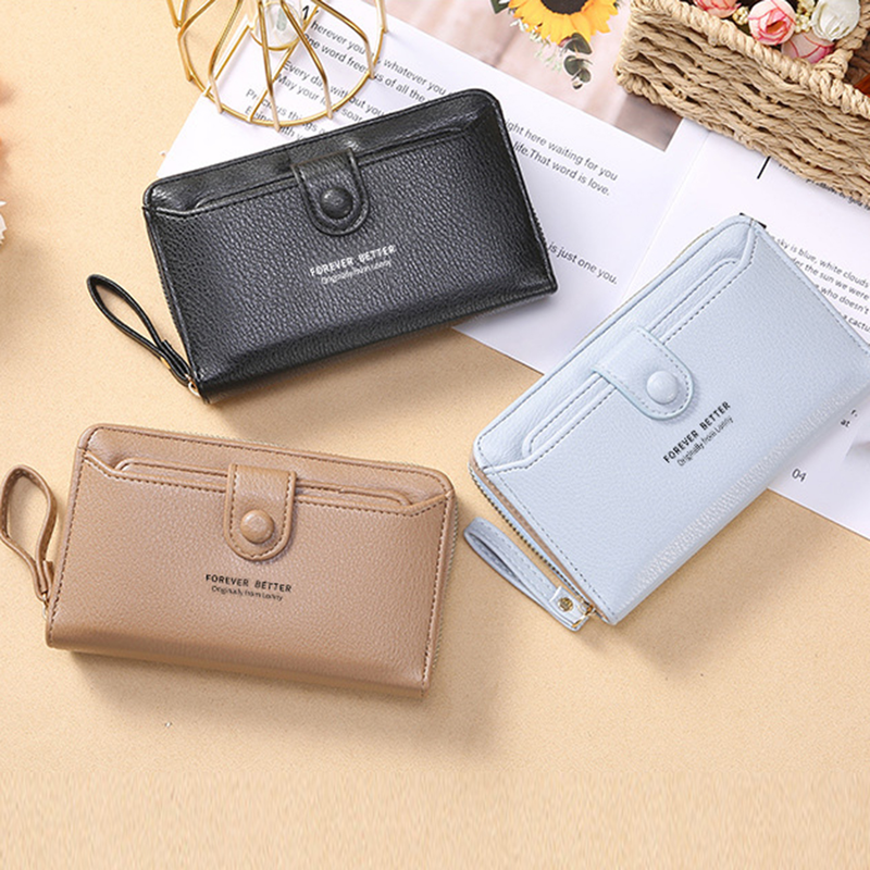 Coin Purse Smooth Zipper Press Button High Capacity Horizontal Multifunction Pocket Storage Delicate Sewing Long Fold Female Clutch Bag For Work_voghion.com