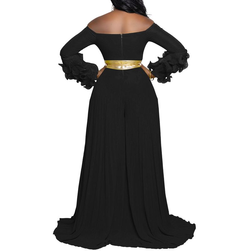 Damkläder Nytt mode en axel volangärm Enfärgad plisserad Jumpsuit med vida ben_voghion.com