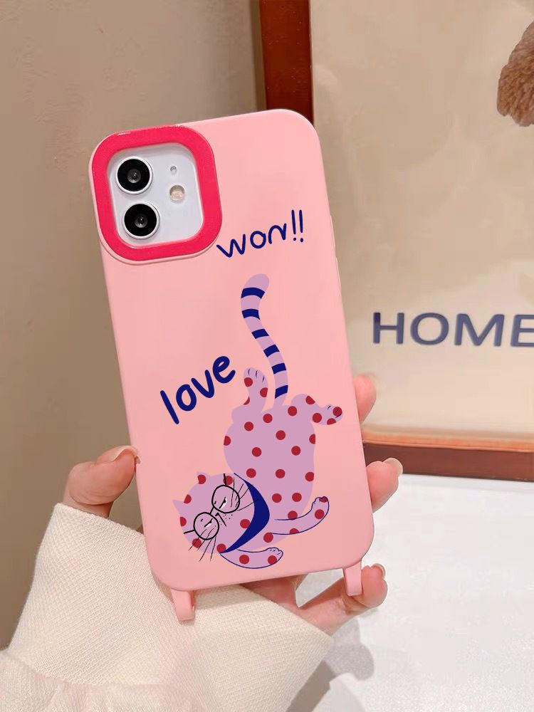 Trendy Pink Spotted Cat Suitable For Iphone 13 Phone Case IPhone 14 Promax New 11 Creative Hanging Strap 12_voghion.com