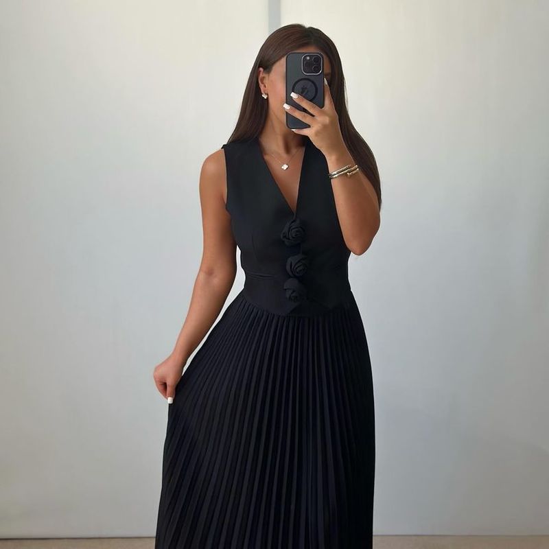 Damenbekleidung, neue Anzüge für Damen, Sommer, ärmellose Weste, halblanger, plissierter langer Rock, zweiteiliger Anzug_voghion.com