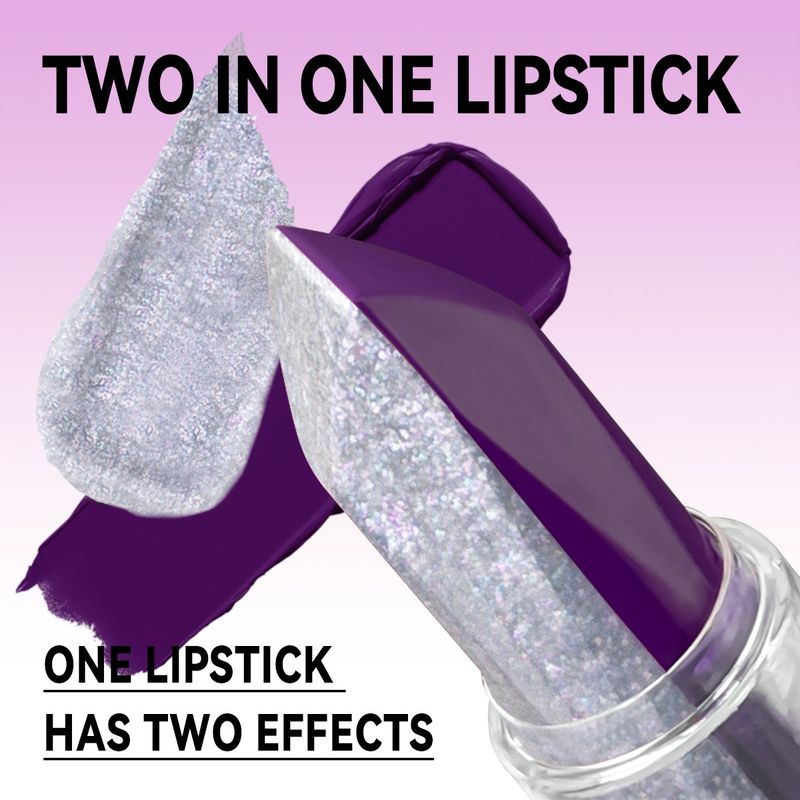 Batom de longa duração 2 em 1 com glitter prateado roxo e pérola sereia, degradê de dois tons_voghion.com