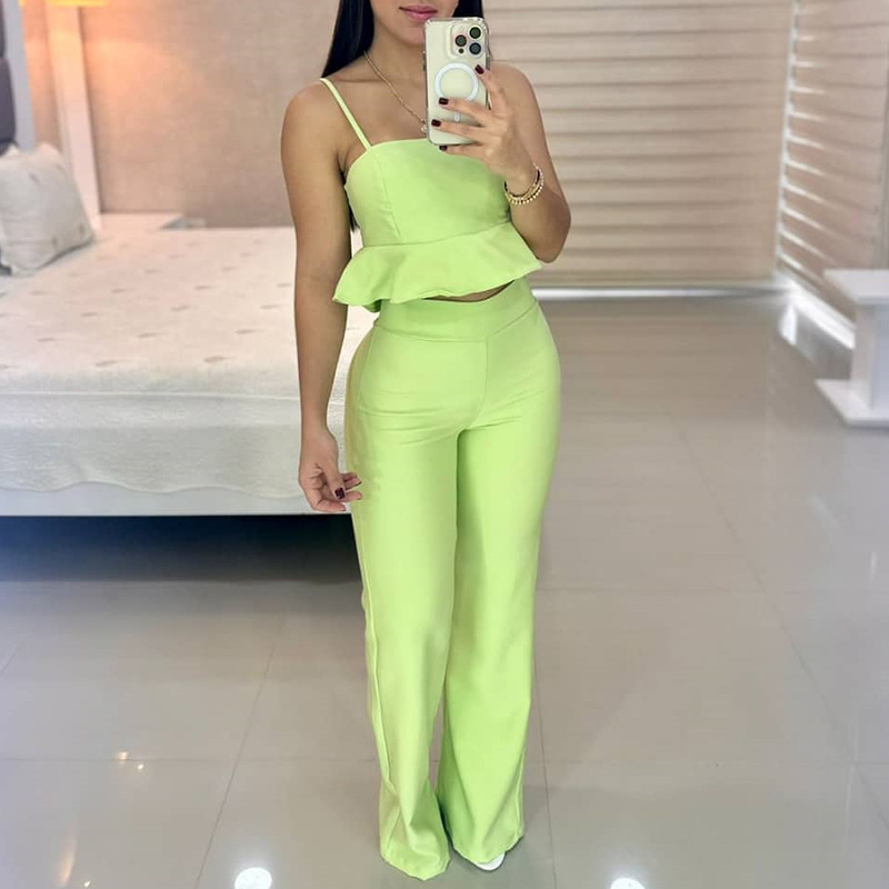 Women's 2023 new bandeau suspenders ruffle hem high waist straight trousers fashion casual suit_voghion.com