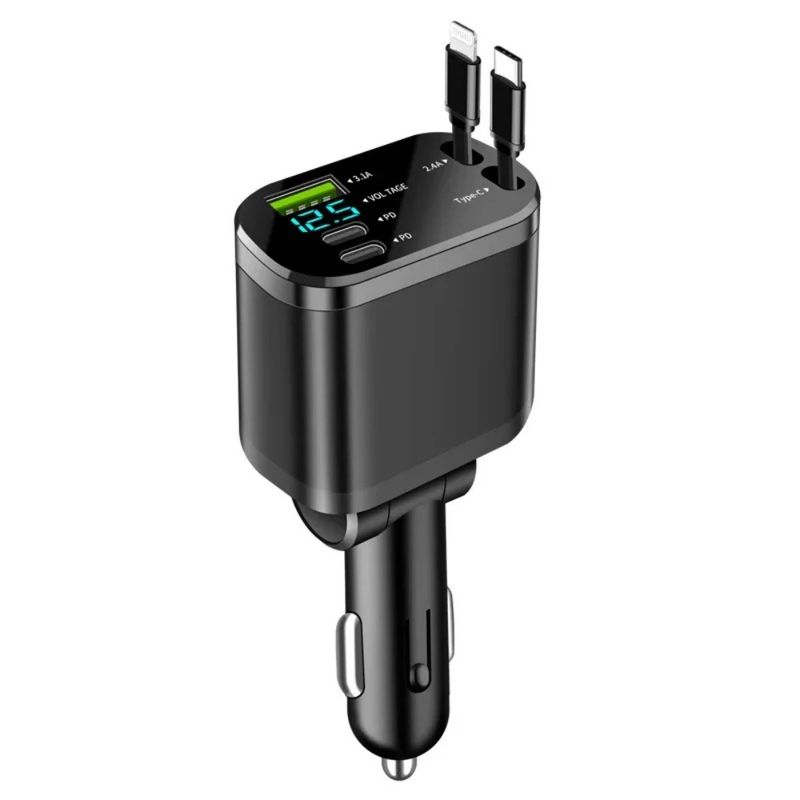 Caricabatterie da auto 5 in 1 USB tipo C PD con cavo retrattile per iPhone Samsung Cavo di ricarica rapida Adattatore per accendisigari_voghion.com