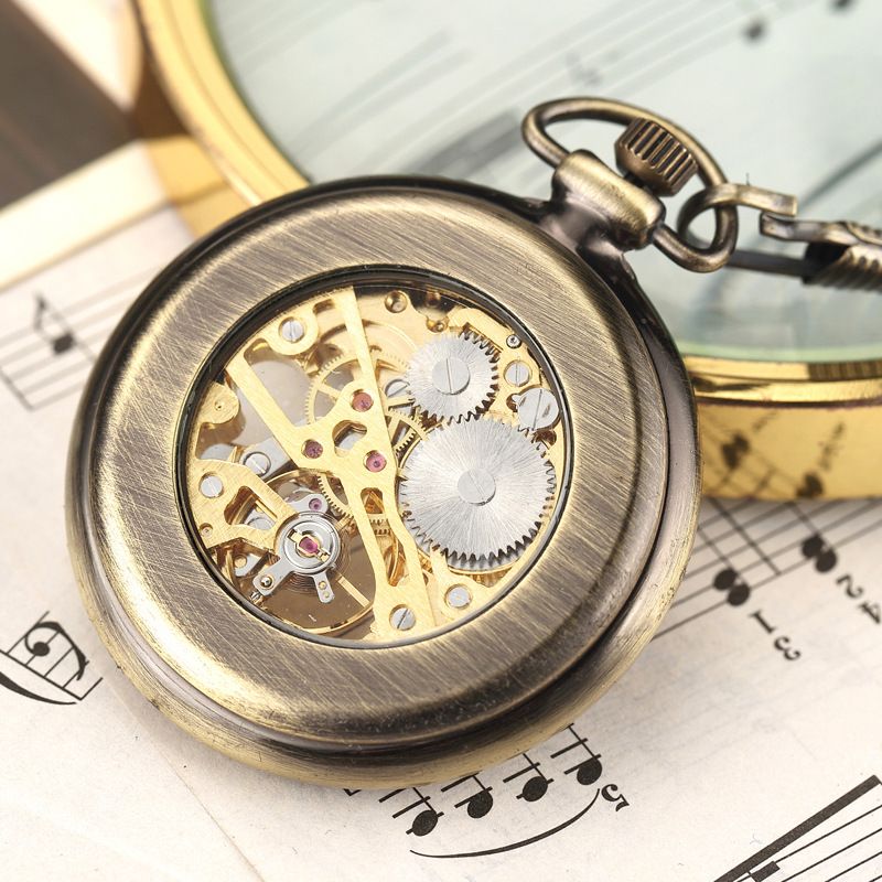 Vintage Bronze Skeleton Semi-Automatic Mechanical Pocket Watch - Classic Gift With World Time Feature, 35mm Dial, Stainless Steel Chain_voghion.com