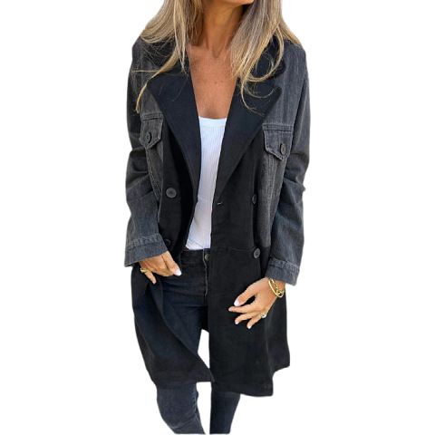 Höst/vinter Ny fashionabel kostymkrage Cowboy Splicing Mellanlängd Kappa för kvinnor_voghion.com