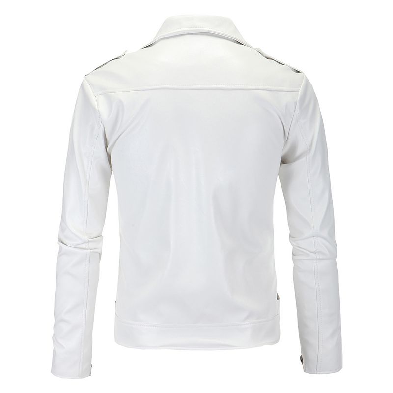 Giacca casual da uomo slim fit in pelle PU tinta unita con cerniera diagonale, cintura regolabile, antivento, per l'uso quotidiano_voghion.com