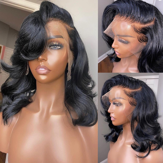 Pelucas de Bob corto ondulado 13x4, pelucas frontales transparentes de Bob, pelucas de cabello humano brasileño 180% prearrancado para mujeres_voghion.com