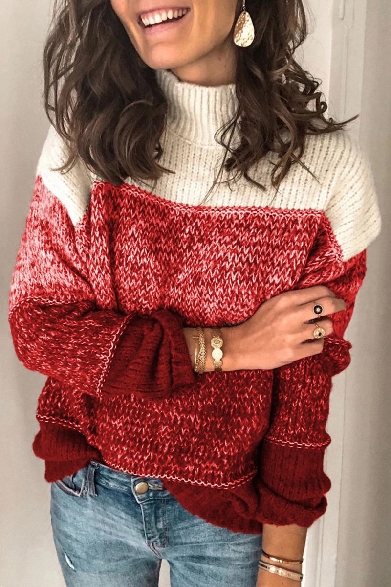 Damen-Strickpullover mit lässigem Oberteil in verschiedenen Farben, gestreiften Nähten und hohem Kragen in Kontrastfarbe_voghion.com